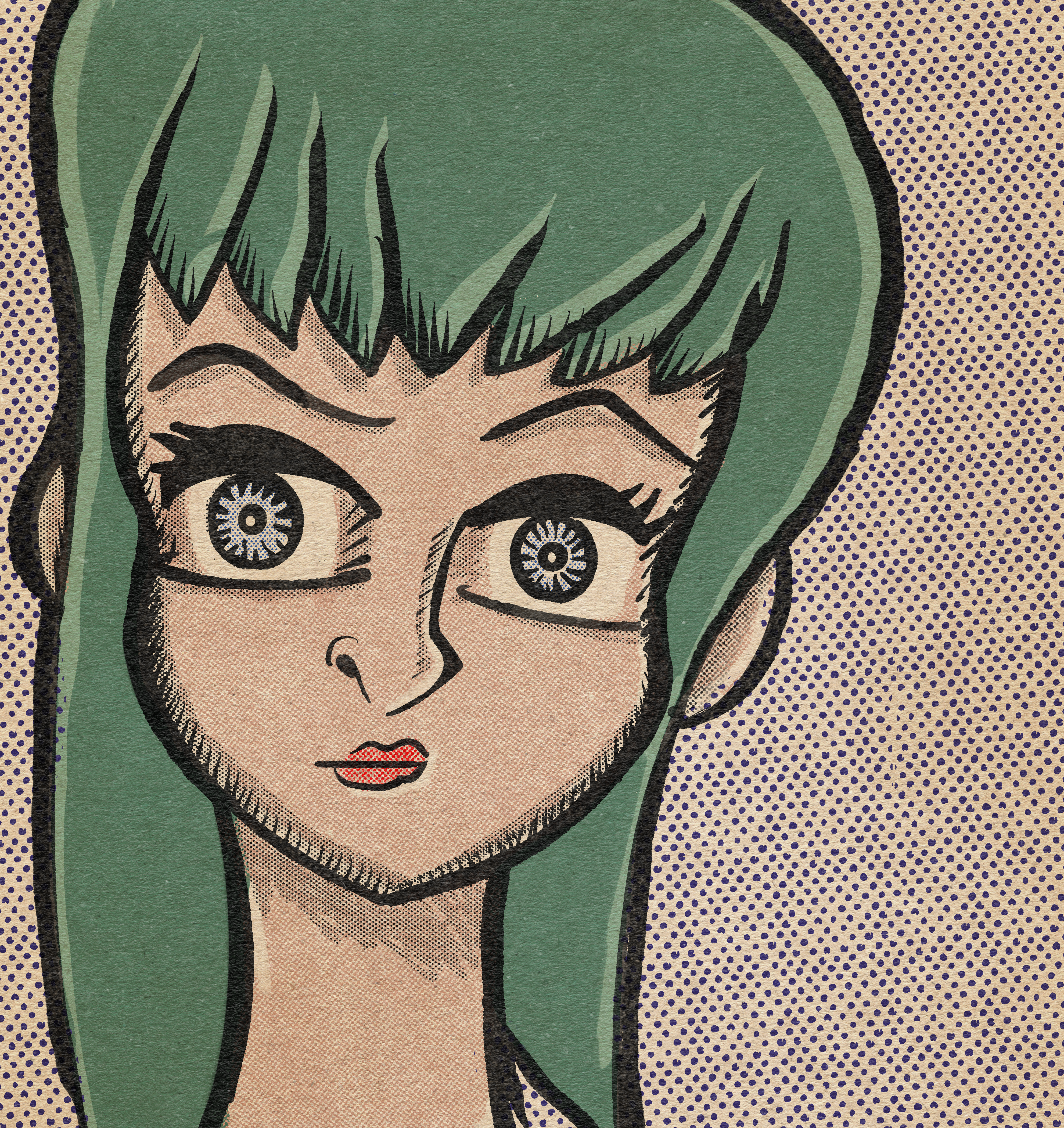 A drawing of a girl exploring retro style papers, halftones, and pens in Procreate.