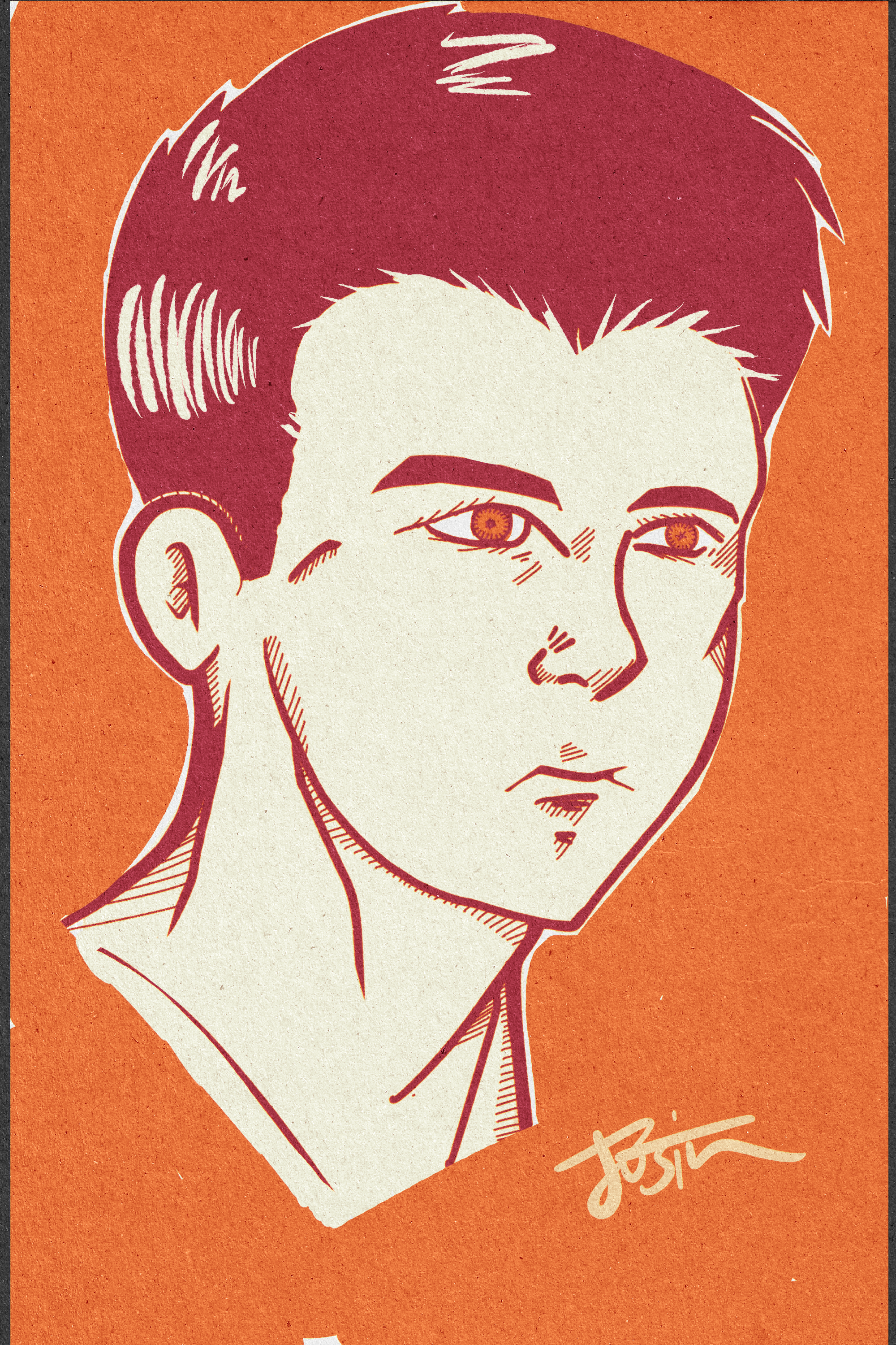 A drawing of a man exploring retro style papers, halftones, and pens in Procreate.