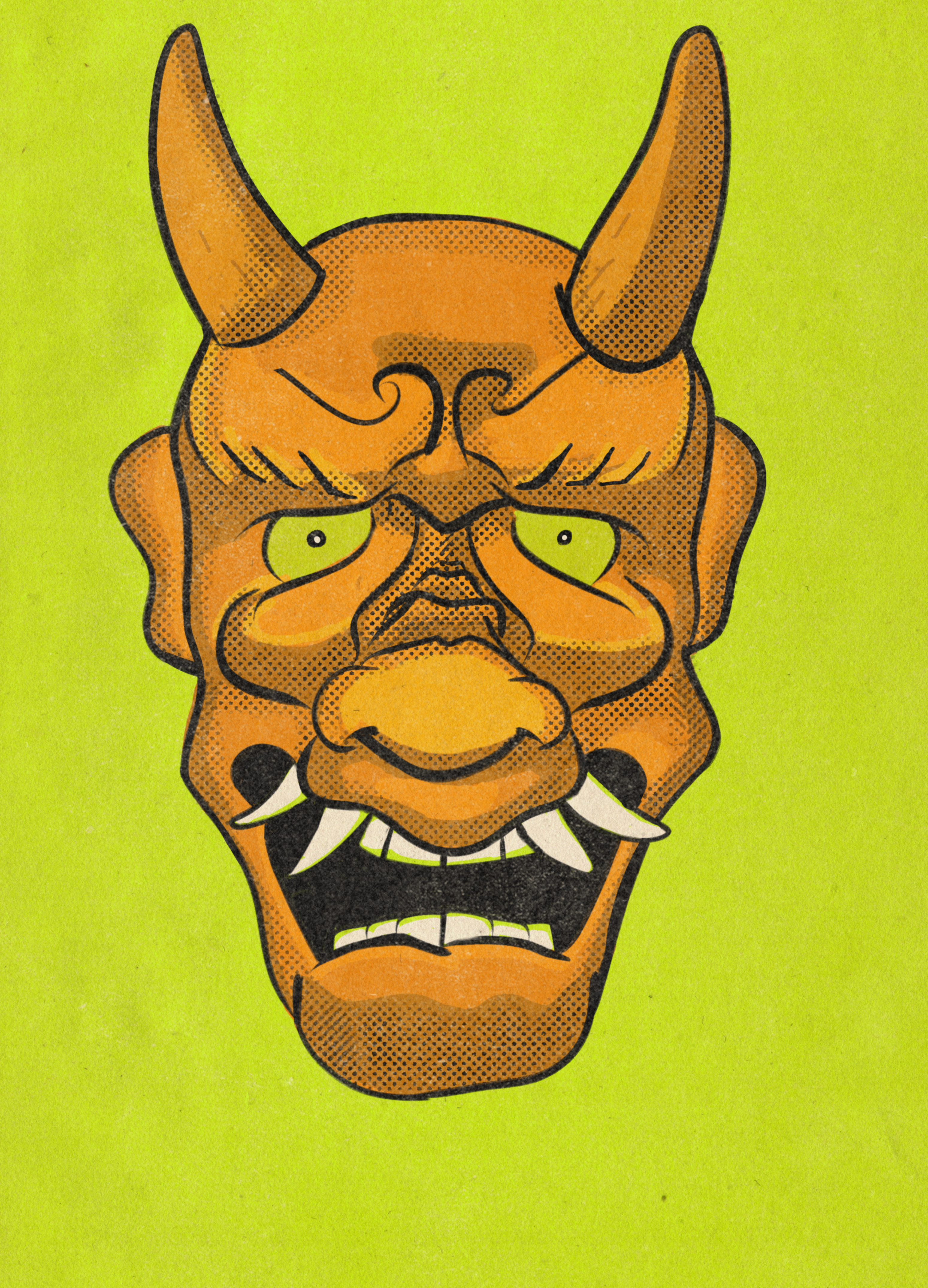 Japanese Oni mask drawn in retro comic style.